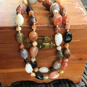 Vintage Polished Gemstone Beaded Necklace 34" Long Weighty Earth Tones